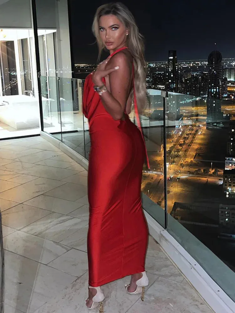 Hnzxzm Satin Deep V Neck Sleeveless Long Dress For Women Robe Winter New Sleeveless Backless Halter Bodycon Maxi Dress