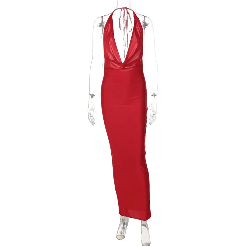 Hnzxzm Satin Deep V Neck Sleeveless Long Dress For Women Robe Winter New Sleeveless Backless Halter Bodycon Maxi Dress