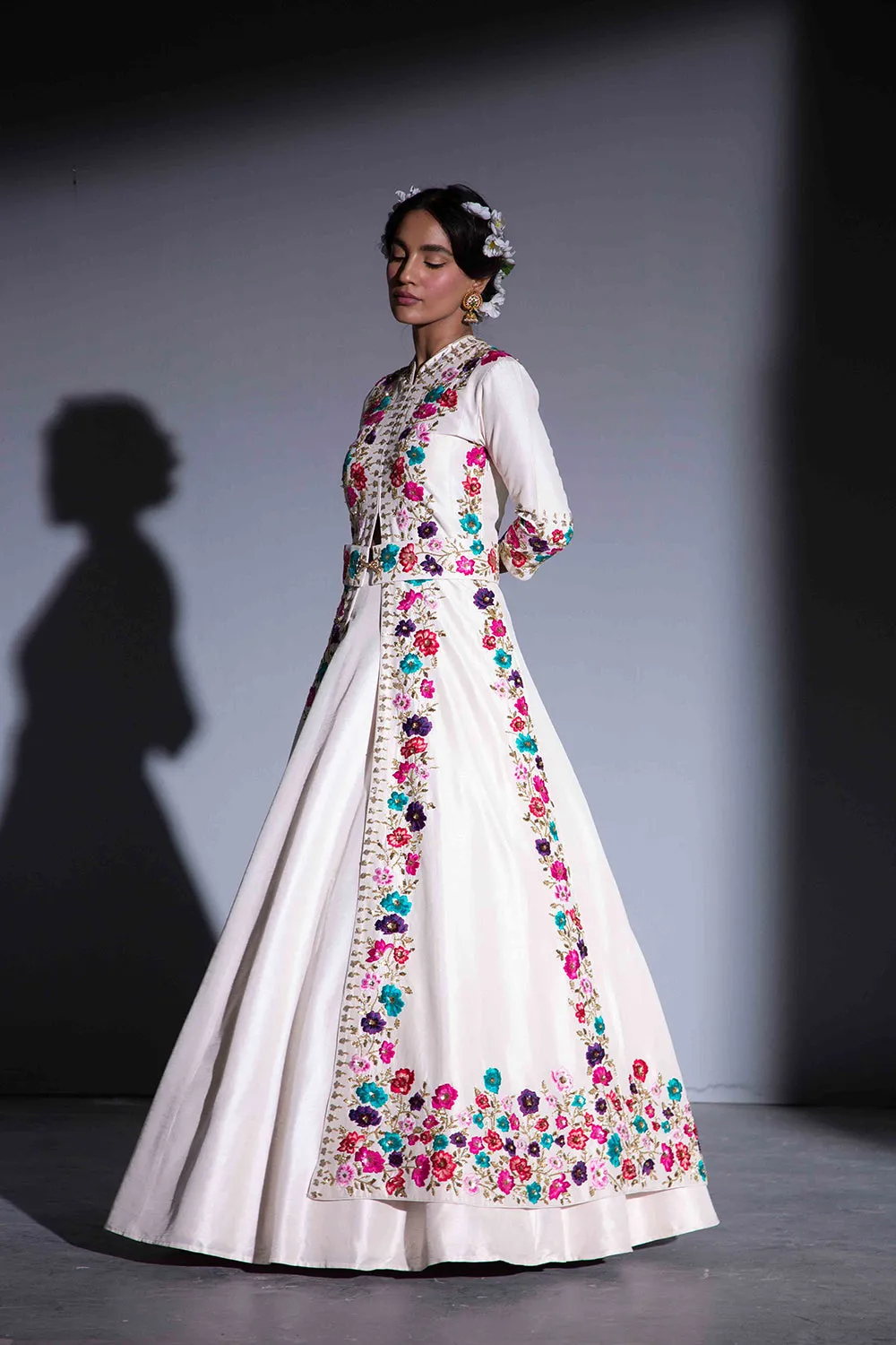 Ivory Multi-Thread Cape, Lehenga, Dupatta And Belt