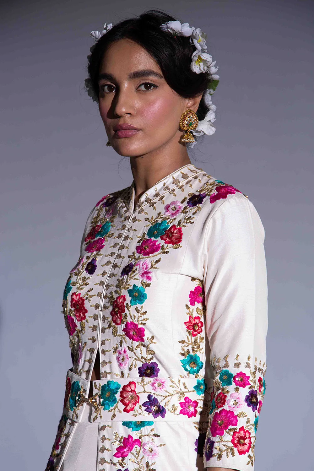 Ivory Multi-Thread Cape, Lehenga, Dupatta And Belt