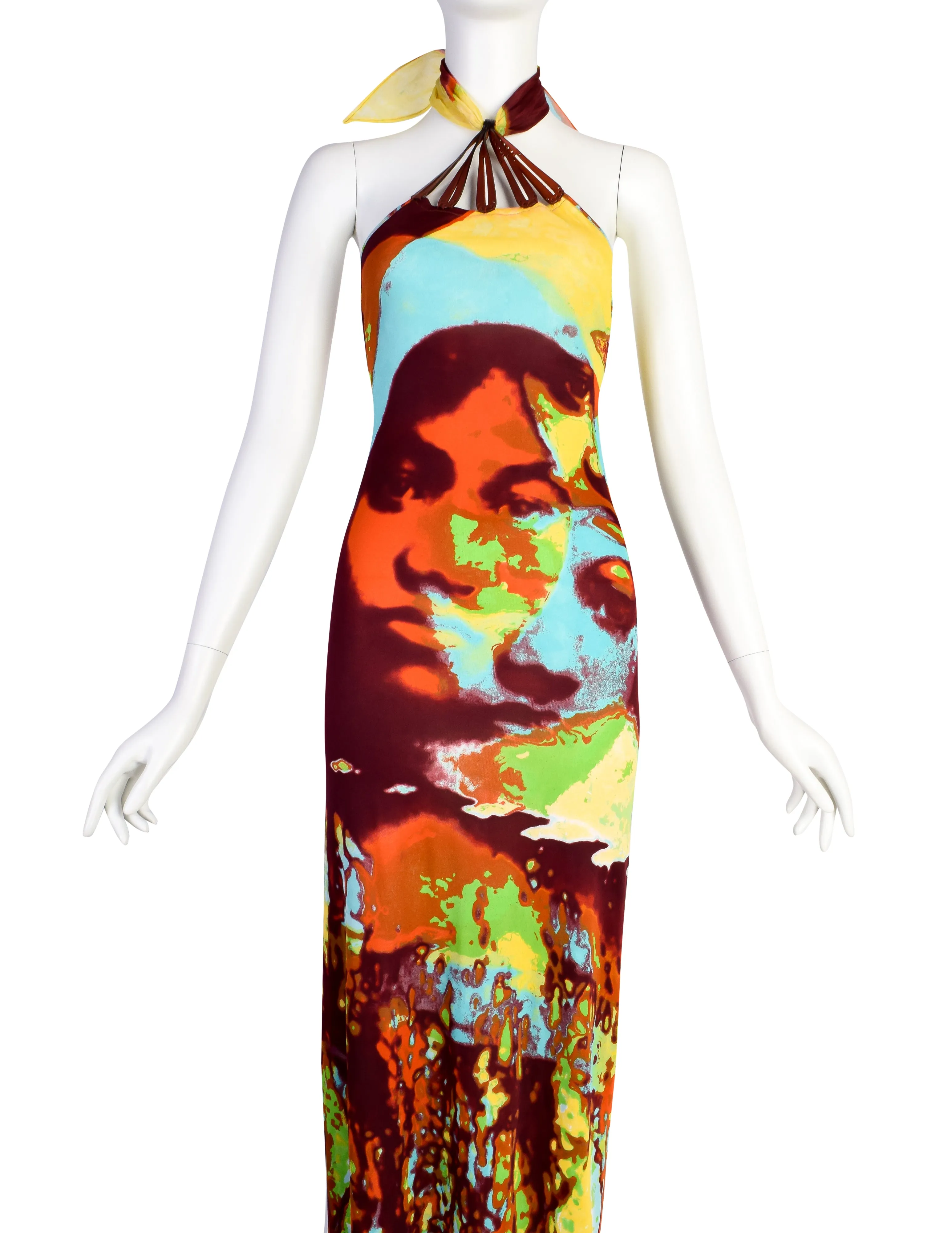 Jean Paul Gaultier Vintage SS 2000 Iconic Vibrant Acid Trip Face Print Halter Dress