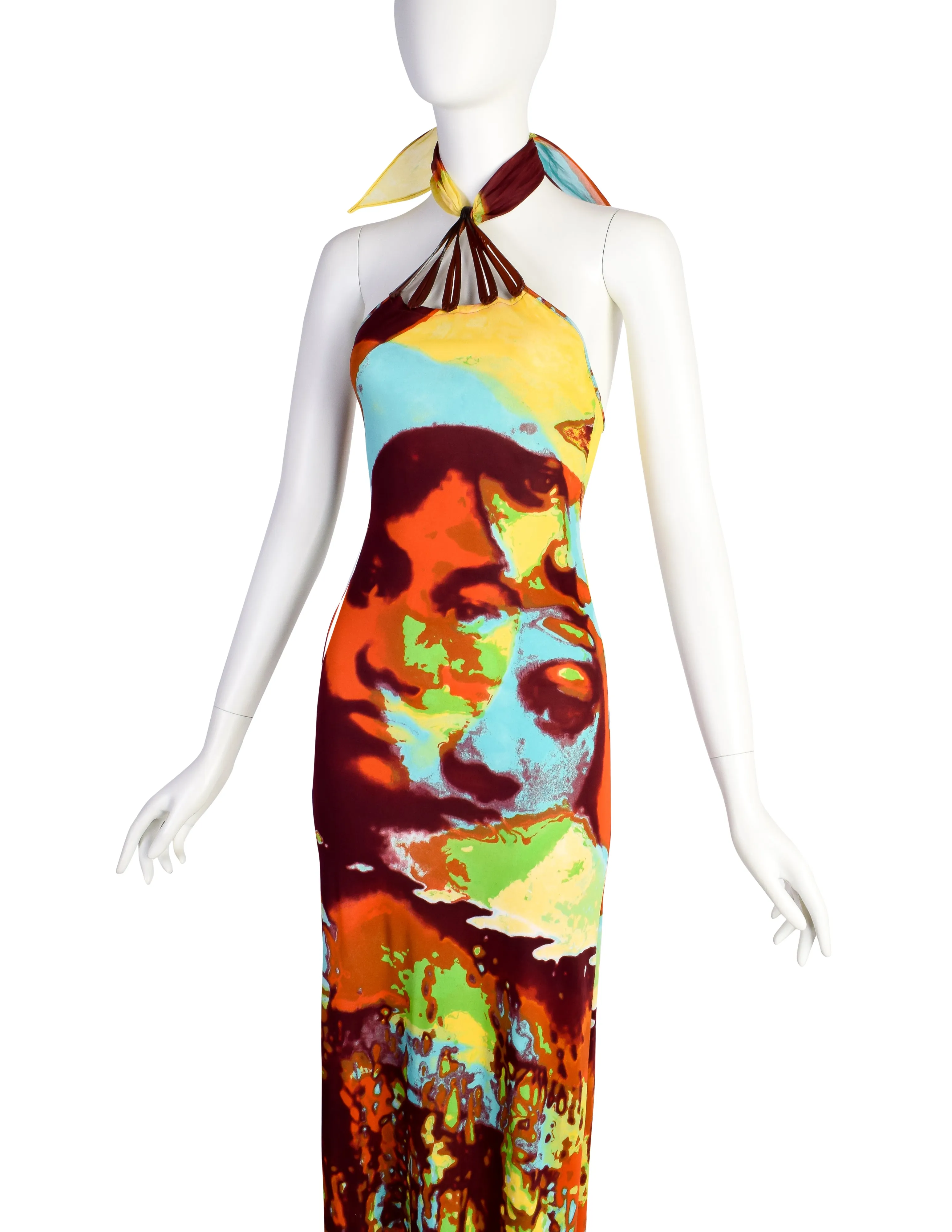 Jean Paul Gaultier Vintage SS 2000 Iconic Vibrant Acid Trip Face Print Halter Dress