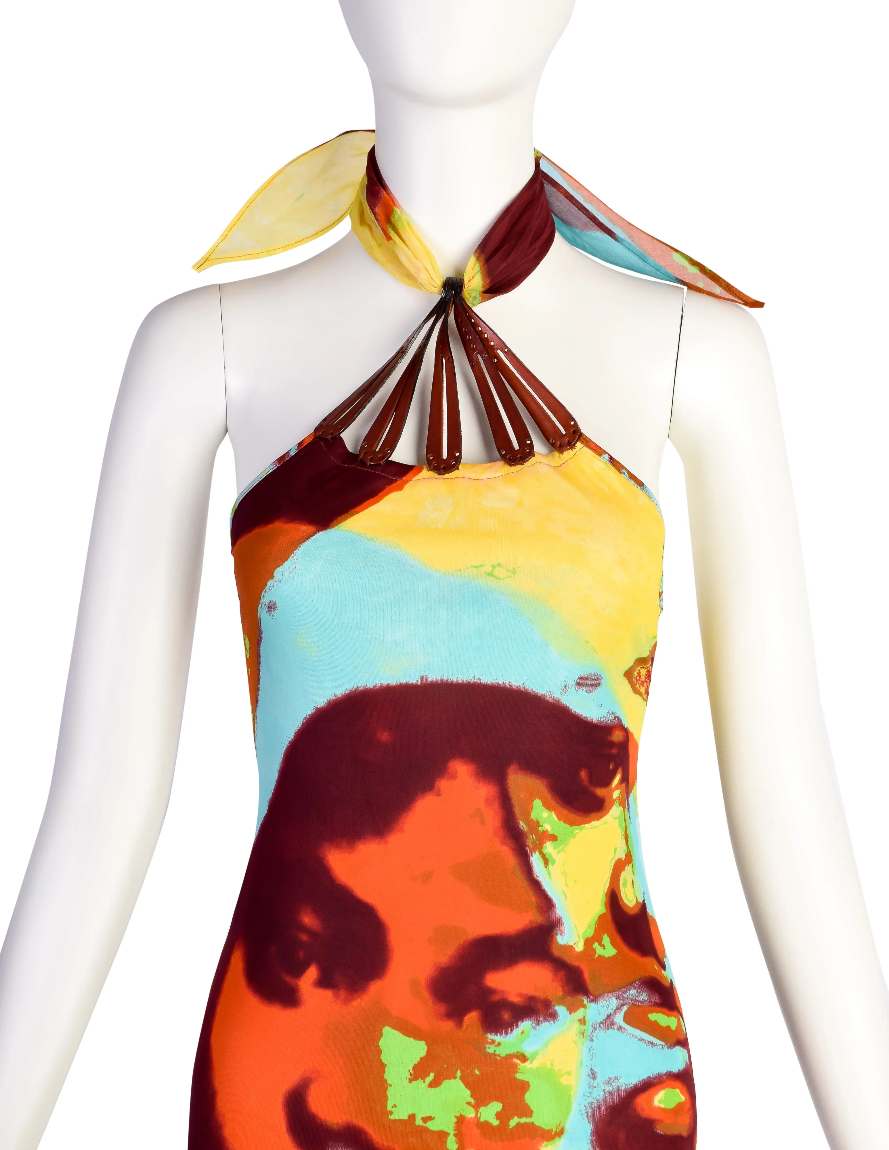 Jean Paul Gaultier Vintage SS 2000 Iconic Vibrant Acid Trip Face Print Halter Dress