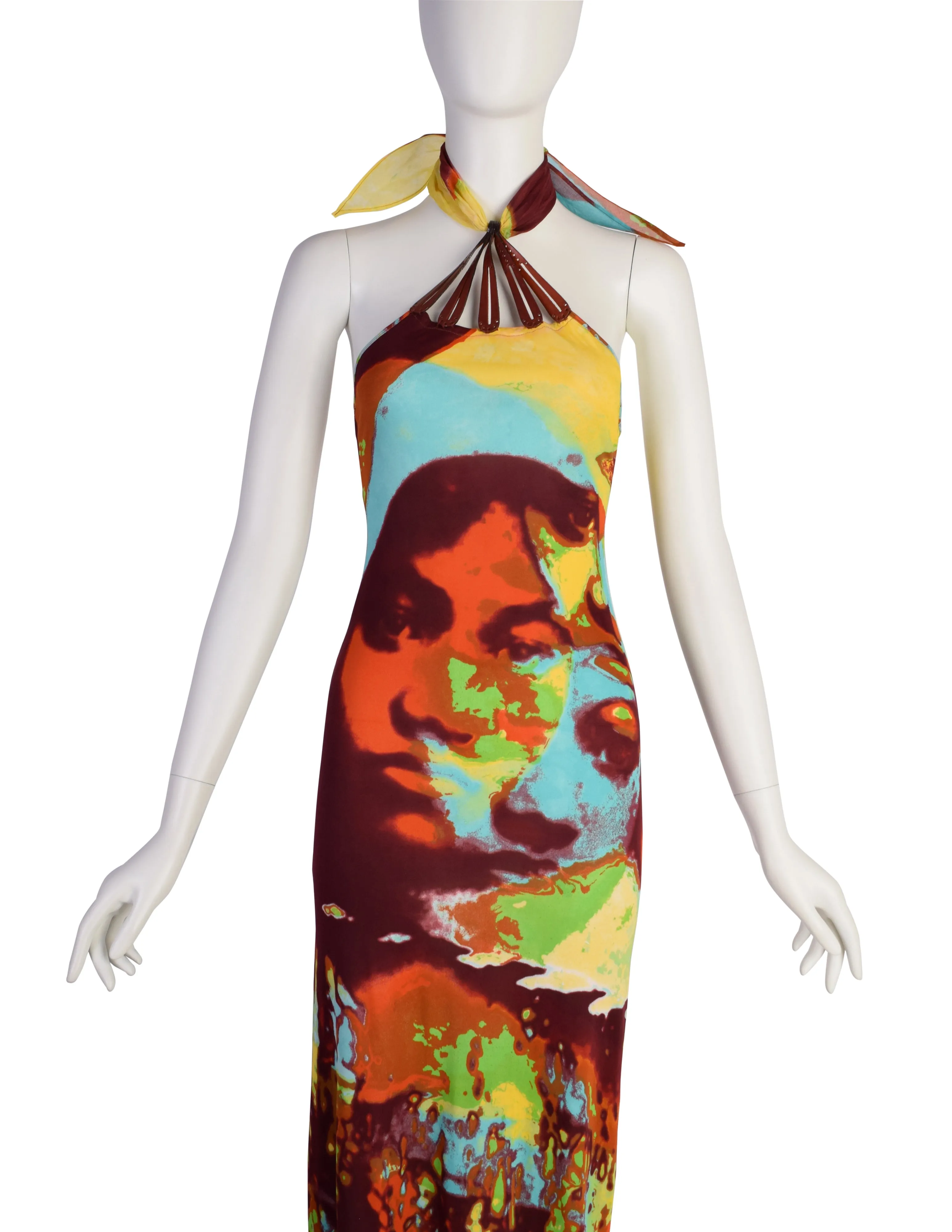 Jean Paul Gaultier Vintage SS 2000 Iconic Vibrant Acid Trip Face Print Halter Dress