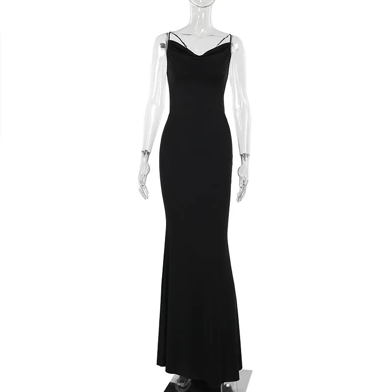 Ladies Long Black Sexy Slim Strap Backless Lace up Dress