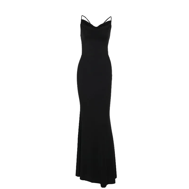 Ladies Long Black Sexy Slim Strap Backless Lace up Dress