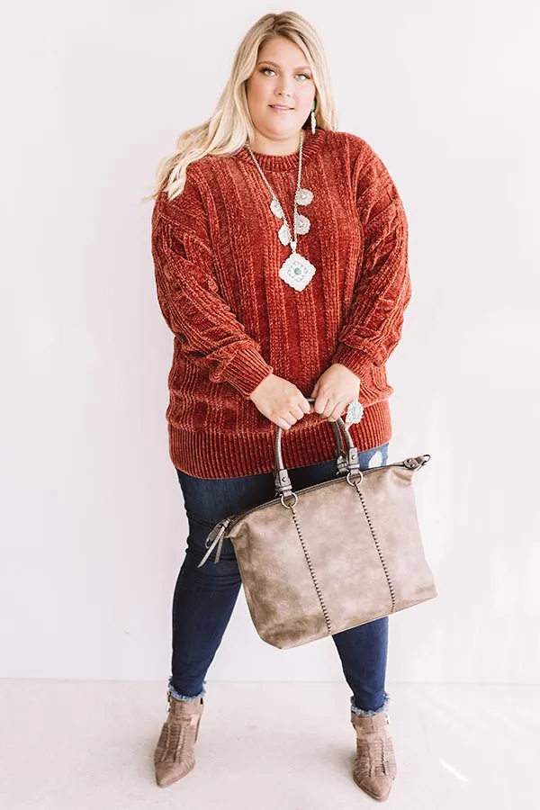 Lattes And Snuggles Cable Knit Chenille Sweater In Rustic Rose Curves
