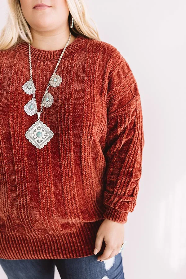 Lattes And Snuggles Cable Knit Chenille Sweater In Rustic Rose Curves