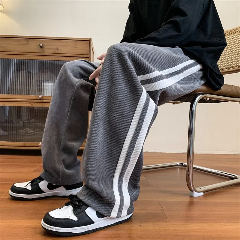 Loose Coffee Corduroy Pants Men Women Drawstring Striped Wide Leg Pants Autumn Casual Easy Care Anti-wrinkle Mopping Trousers