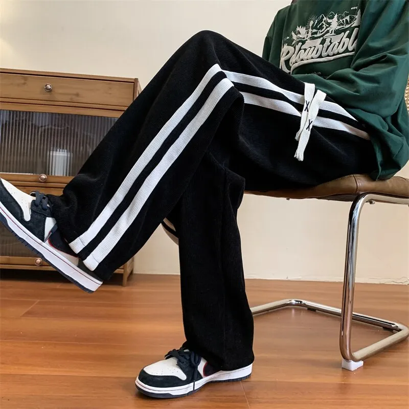 Loose Coffee Corduroy Pants Men Women Drawstring Striped Wide Leg Pants Autumn Casual Easy Care Anti-wrinkle Mopping Trousers