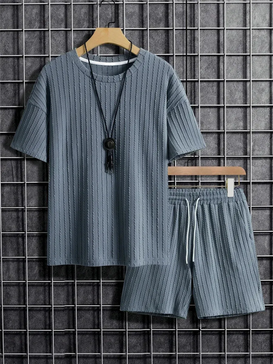 Men Two Piece corduroy set loose t-shirt and matching shorts comfy summer set