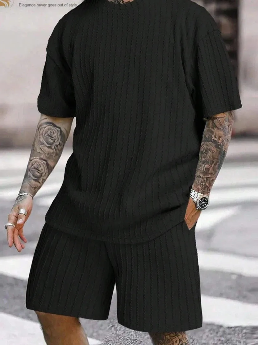 Men Two Piece corduroy set loose t-shirt and matching shorts comfy summer set