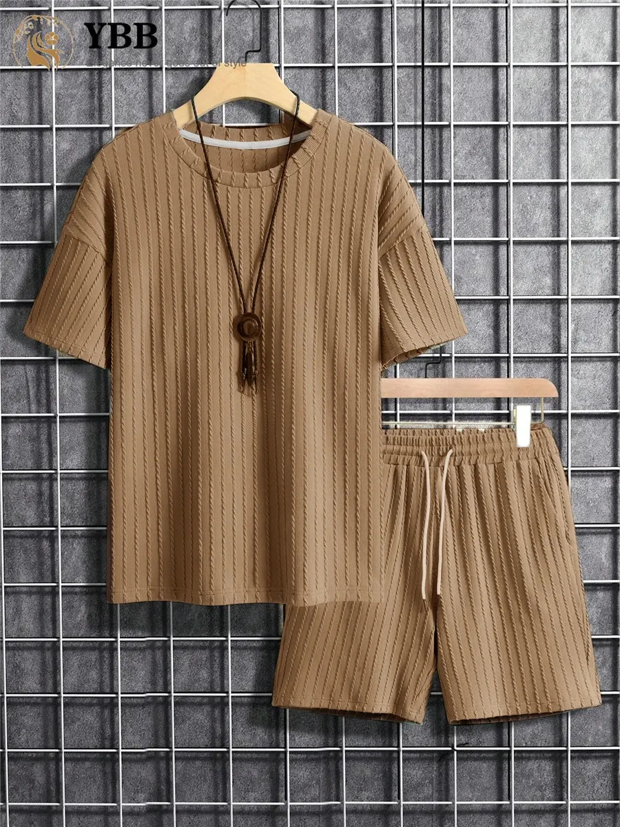 Men Two Piece corduroy set loose t-shirt and matching shorts comfy summer set