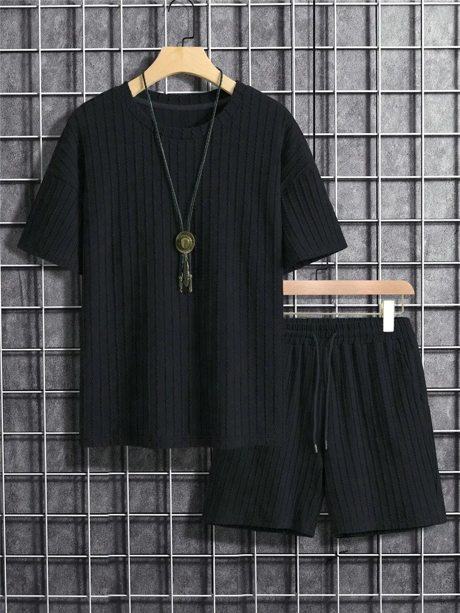 Men Two Piece corduroy set loose t-shirt and matching shorts comfy summer set