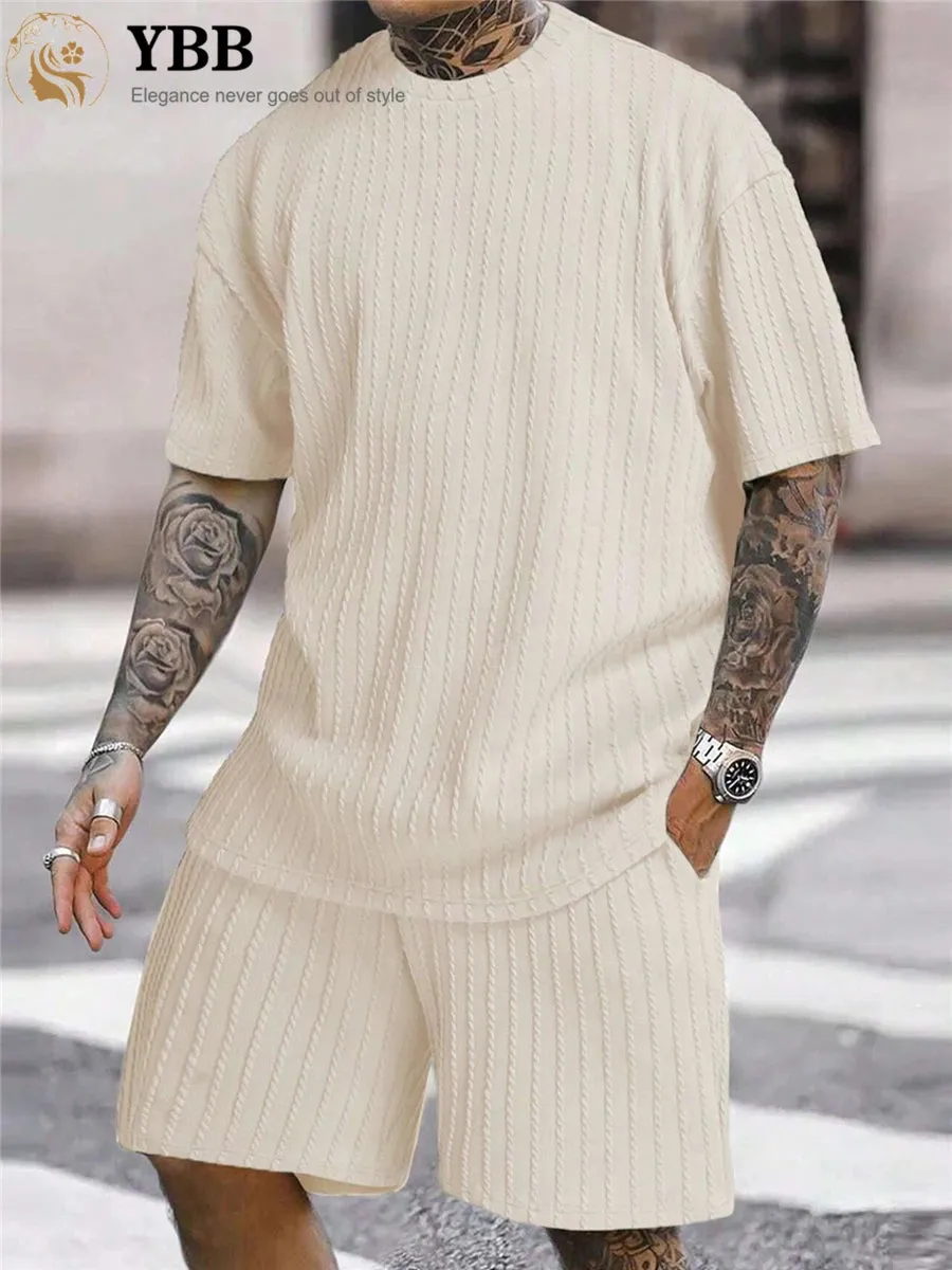 Men Two Piece corduroy set loose t-shirt and matching shorts comfy summer set