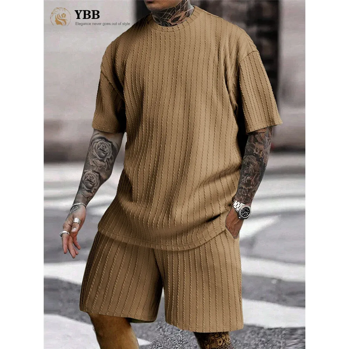 Men Two Piece corduroy set loose t-shirt and matching shorts comfy summer set