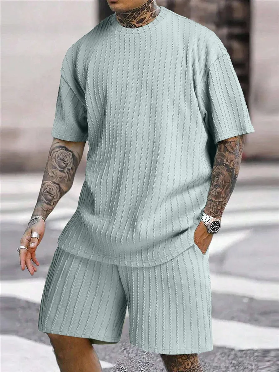 Men Two Piece corduroy set loose t-shirt and matching shorts comfy summer set