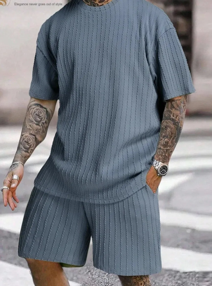 Men Two Piece corduroy set loose t-shirt and matching shorts comfy summer set