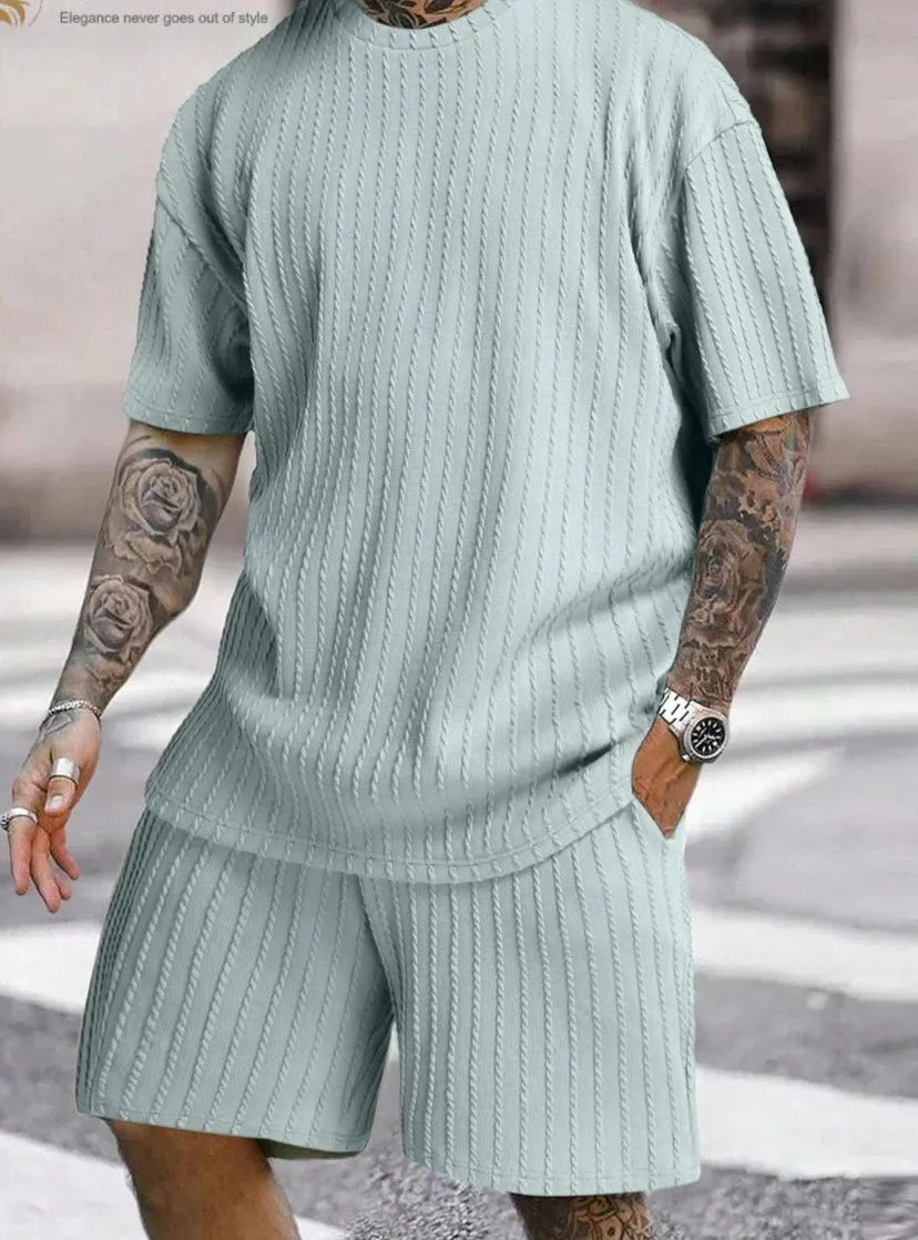 Men Two Piece corduroy set loose t-shirt and matching shorts comfy summer set