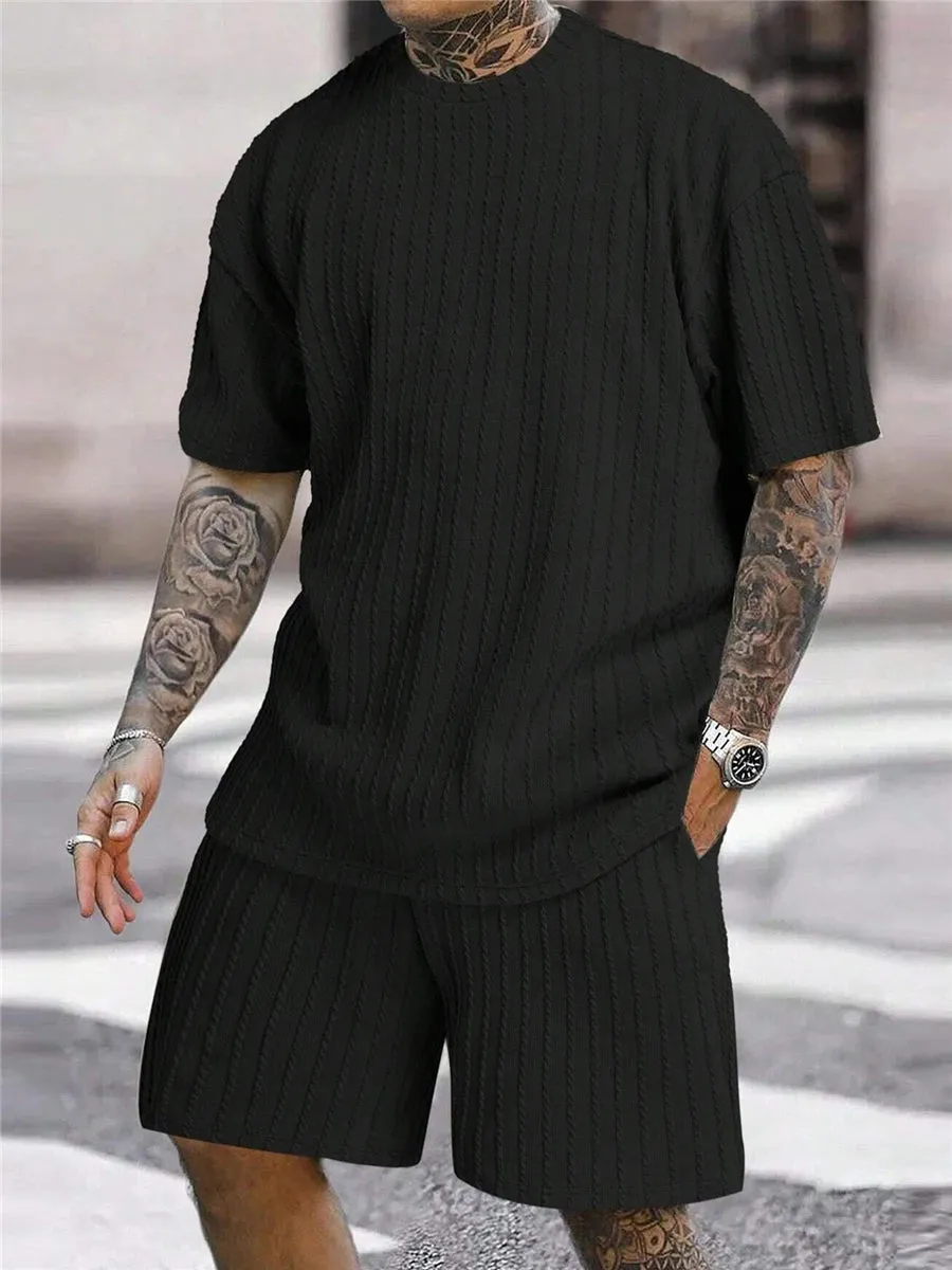 Men Two Piece corduroy set loose t-shirt and matching shorts comfy summer set