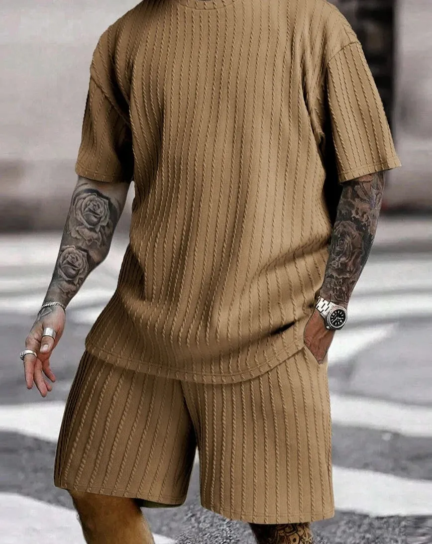 Men Two Piece corduroy set loose t-shirt and matching shorts comfy summer set
