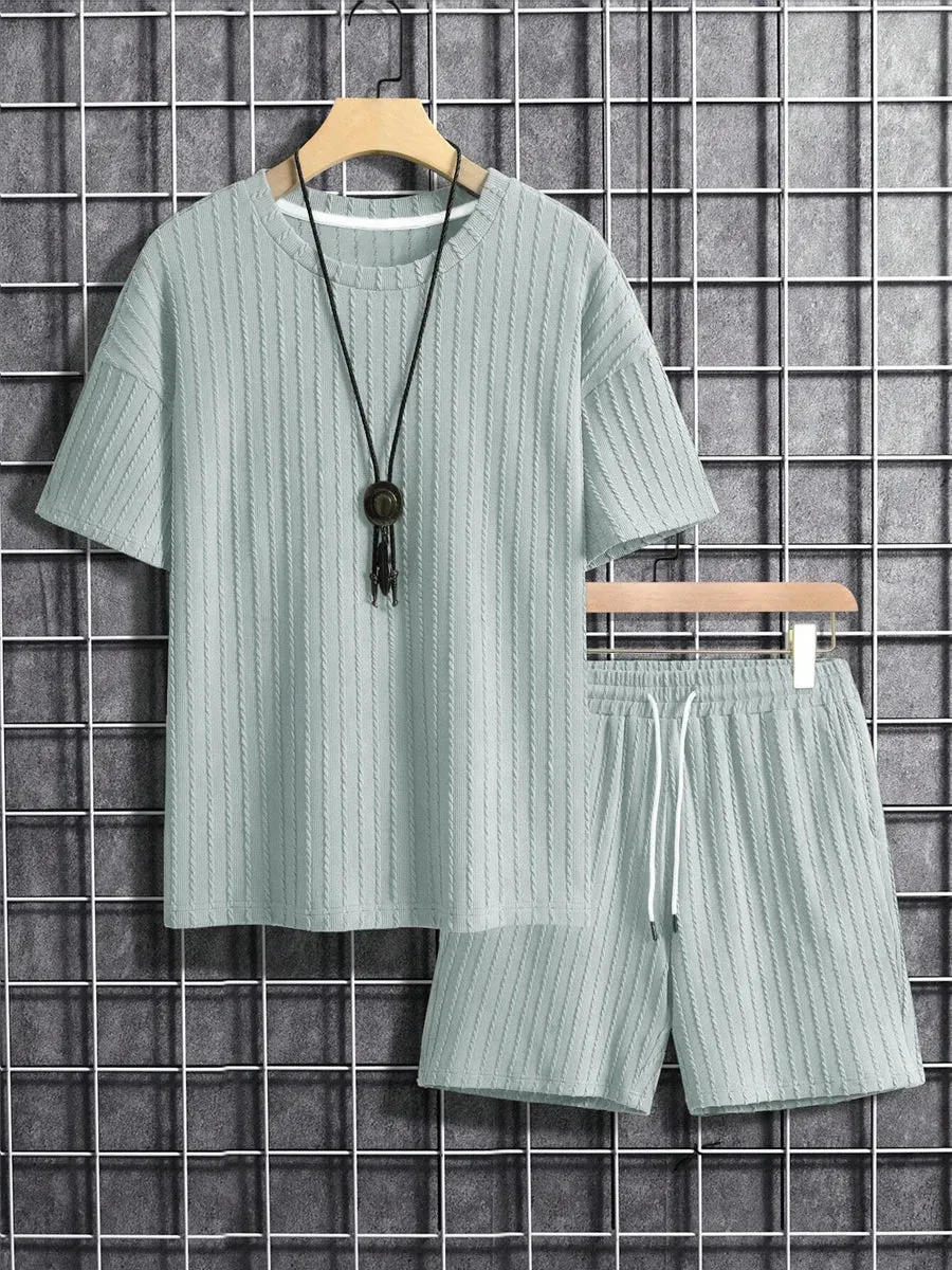 Men Two Piece corduroy set loose t-shirt and matching shorts comfy summer set