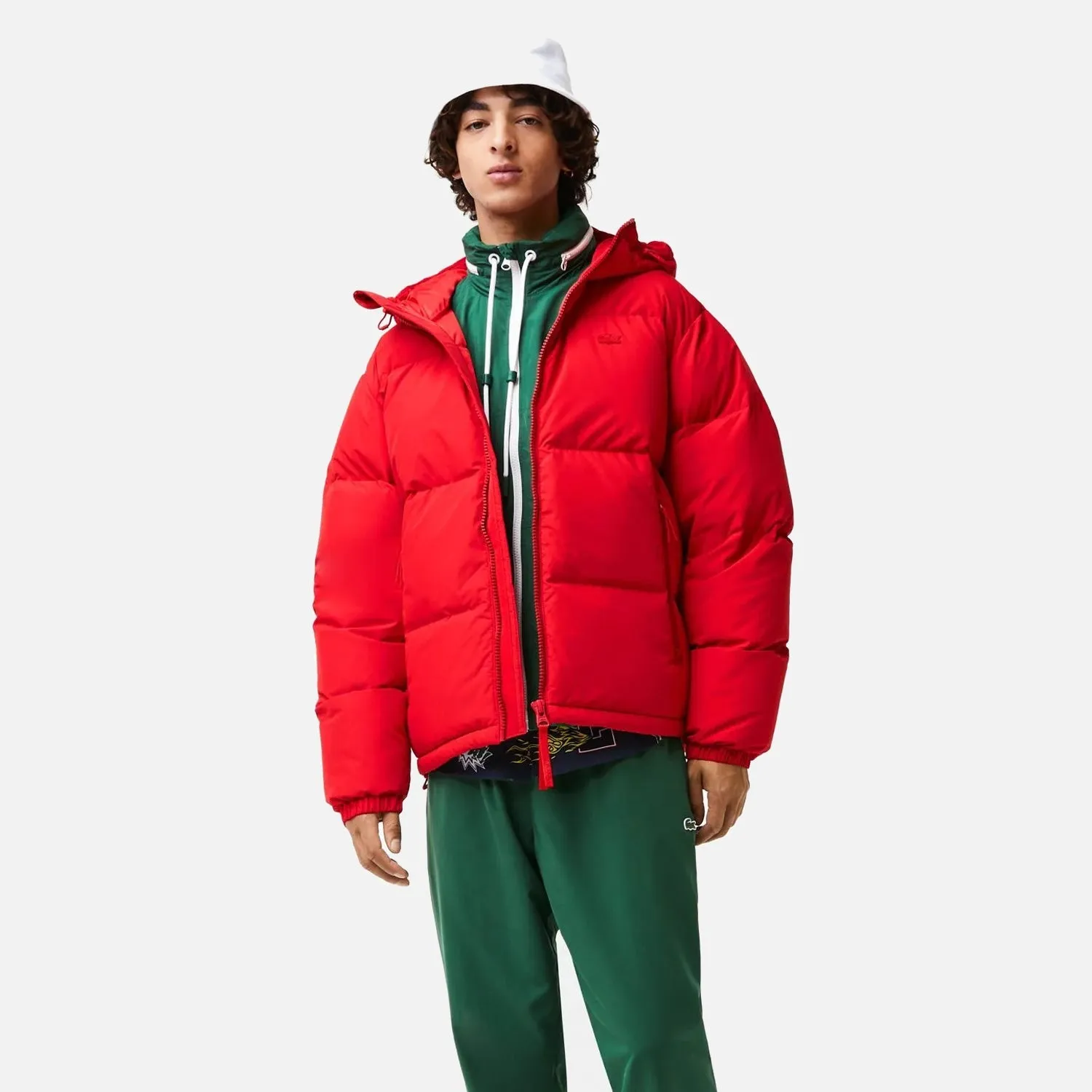 Men's Lacoste Hooded Puffer Jacket - Red