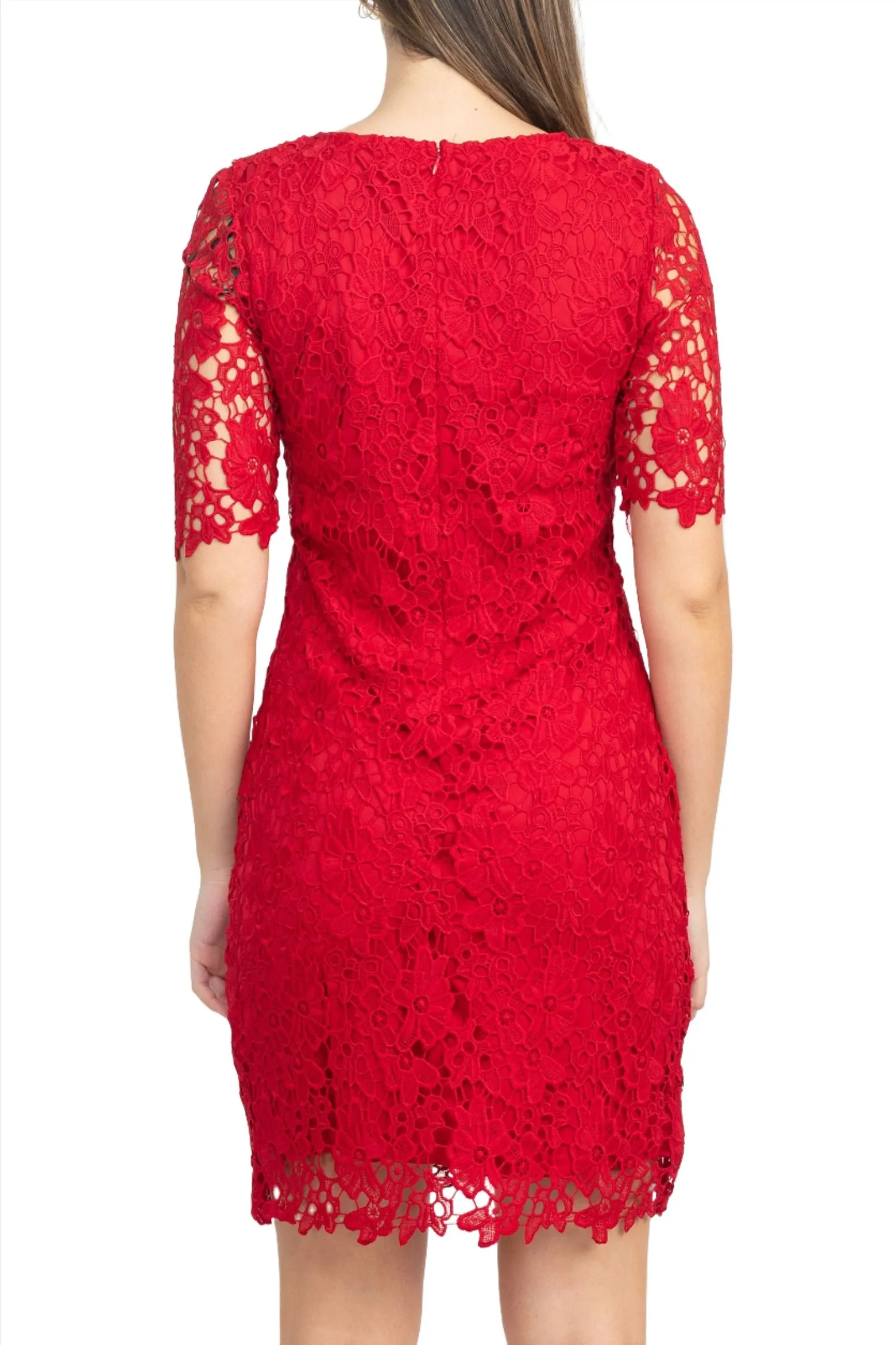 Nina Leonard Crew Neck 3/4 Sleeve Bodycon Zipper Back Floral Lace Dress