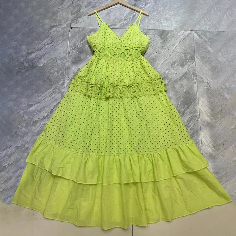 Patchwork Ruffles Solid A Line Dresses For Women V Neck Sleeveless Tunic Hollow Out Embroidery Sexy Camisole Dress Female