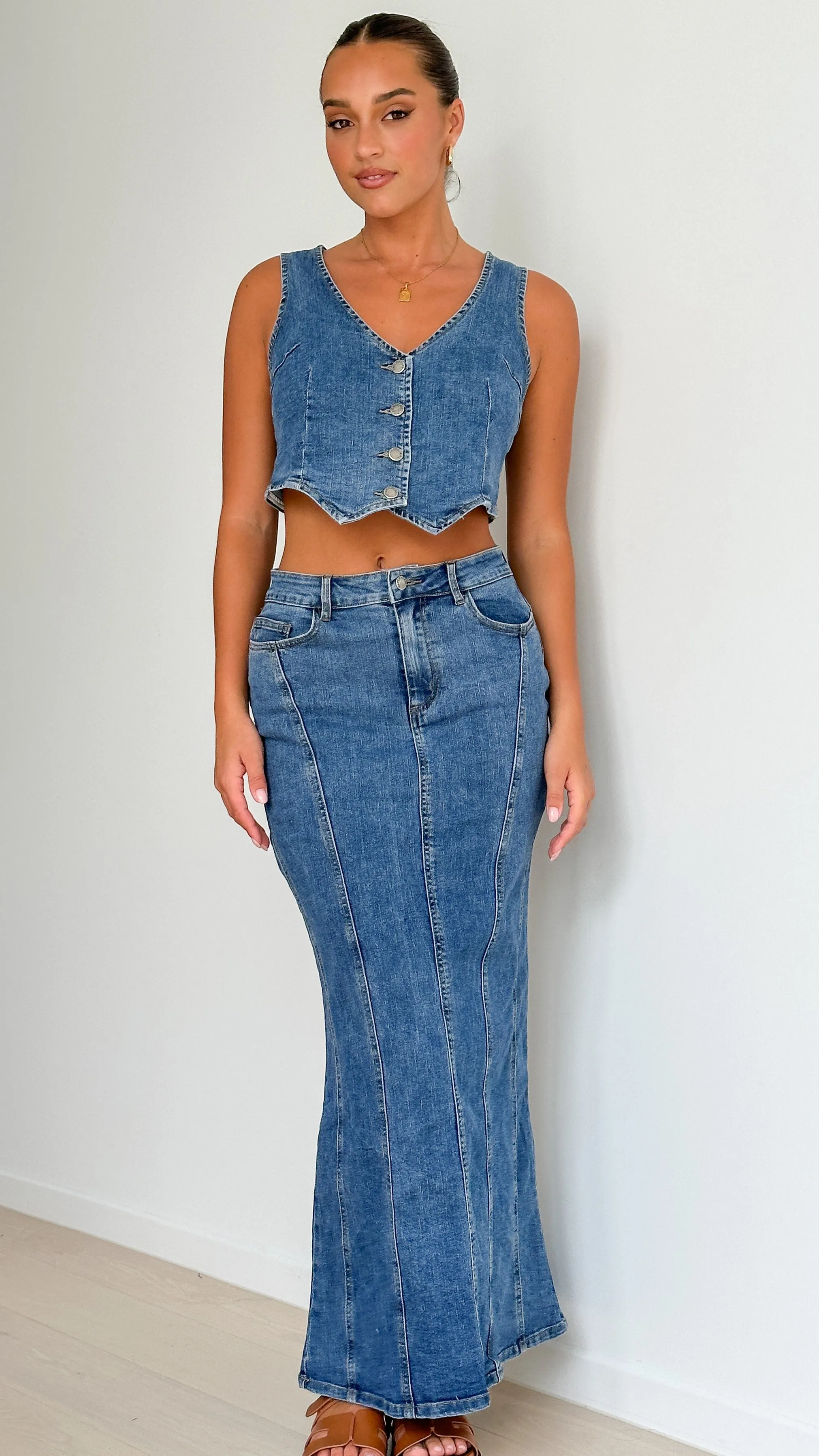 Penelope Denim Maxi Skirt - Mid Wash