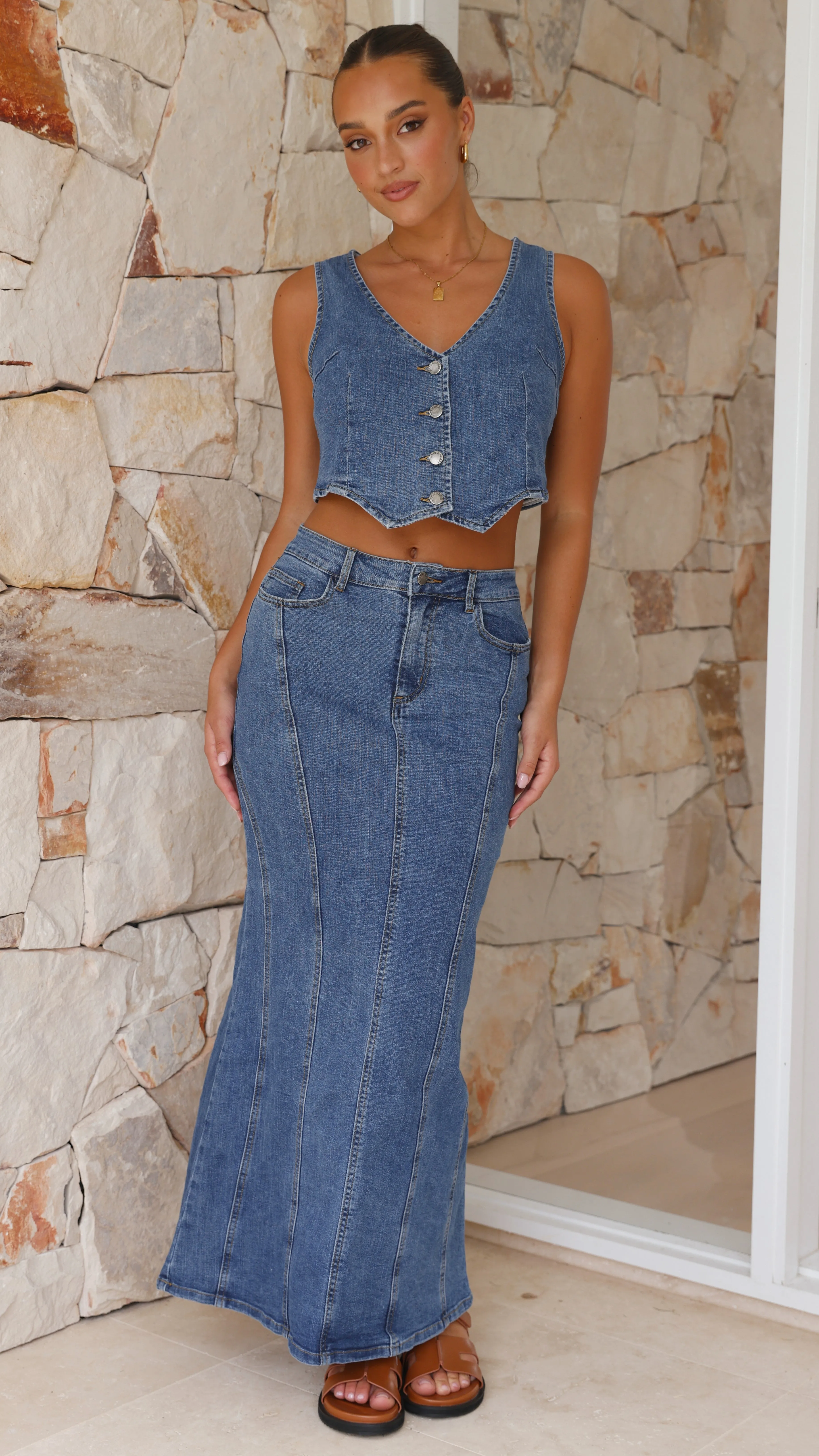 Penelope Denim Maxi Skirt - Mid Wash