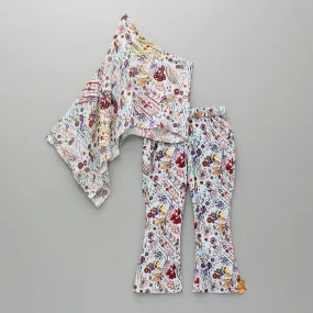 Pre Order: Printed One Shoulder Top And Embroidered Cape With Matching Pant
