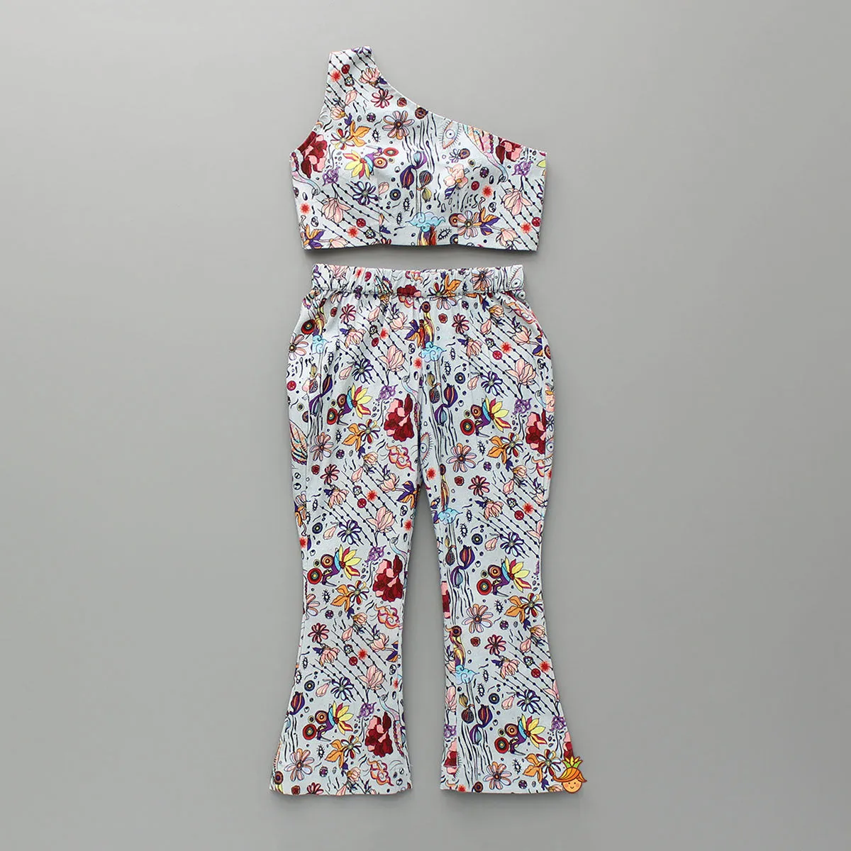 Pre Order: Printed One Shoulder Top And Embroidered Cape With Matching Pant