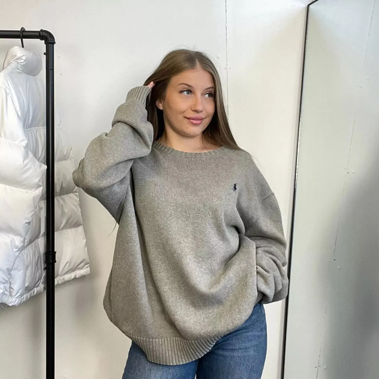 Preowned Polo Ralph Lauren Womens Jumper Size XL Loose Grey Crew Sweater Heavy Knit.