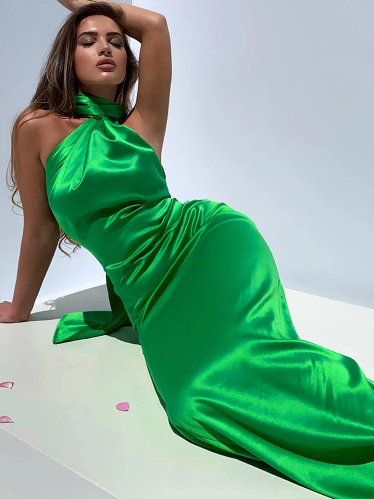 Purpdrank - Elegant Satin Backless Maxi Dress Women Gown Summer Halter Sleeveless Backless Bodycon Long Club Party Dress Vestido