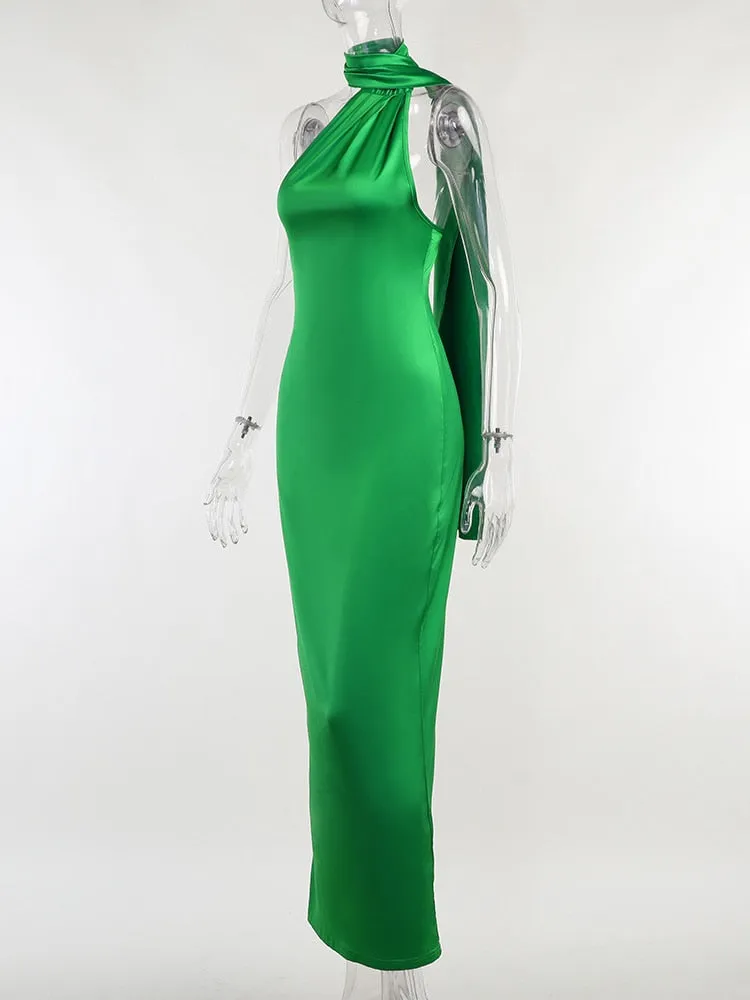 Purpdrank - Elegant Satin Backless Maxi Dress Women Gown Summer Halter Sleeveless Backless Bodycon Long Club Party Dress Vestido