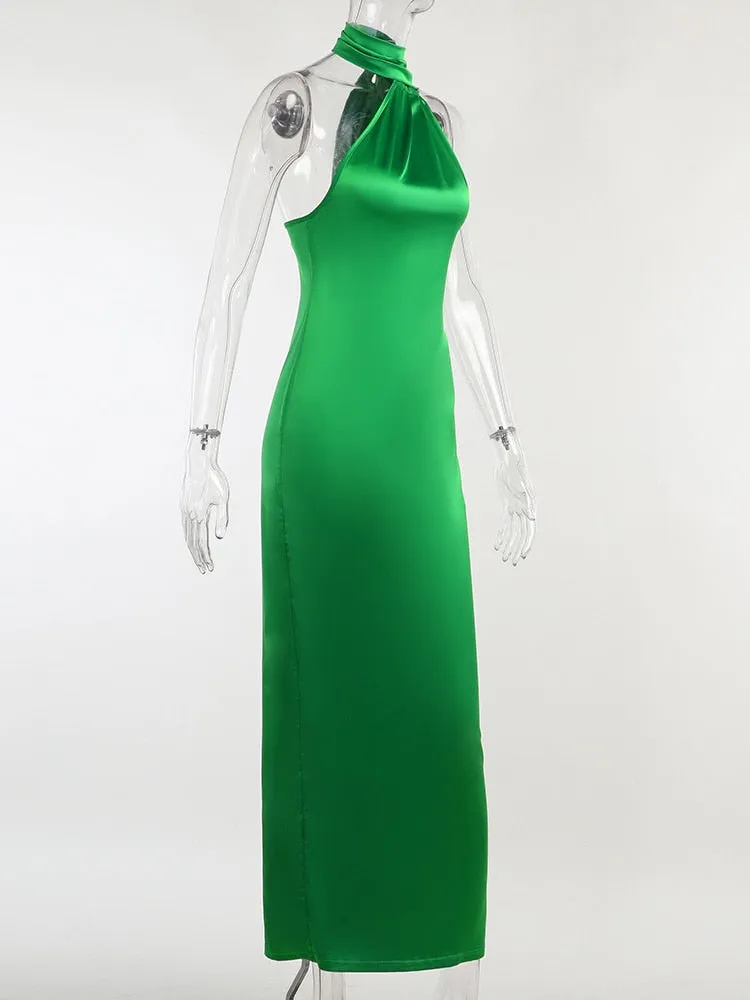 Purpdrank - Elegant Satin Backless Maxi Dress Women Gown Summer Halter Sleeveless Backless Bodycon Long Club Party Dress Vestido