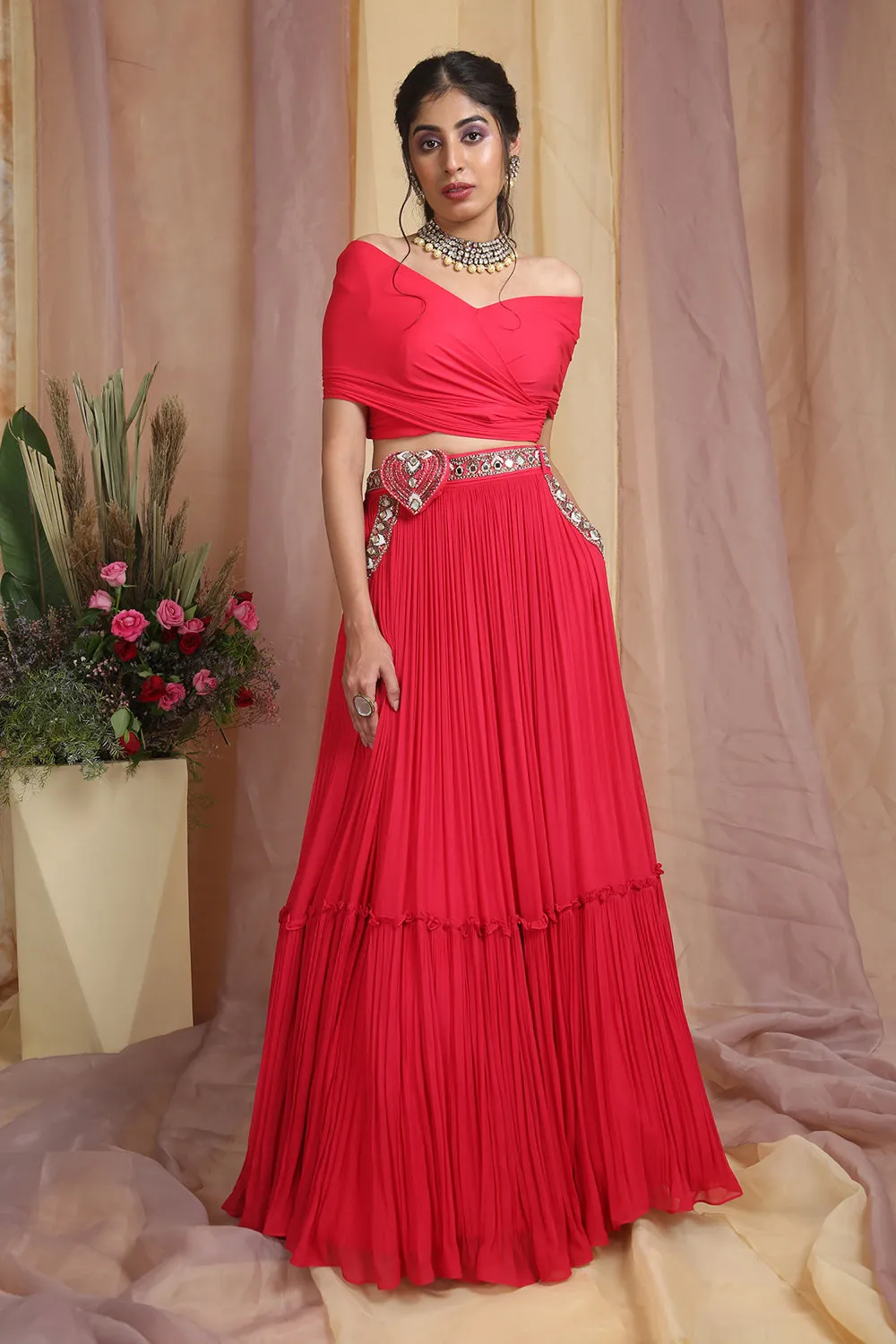 Red Drape Choli Lehenga Set