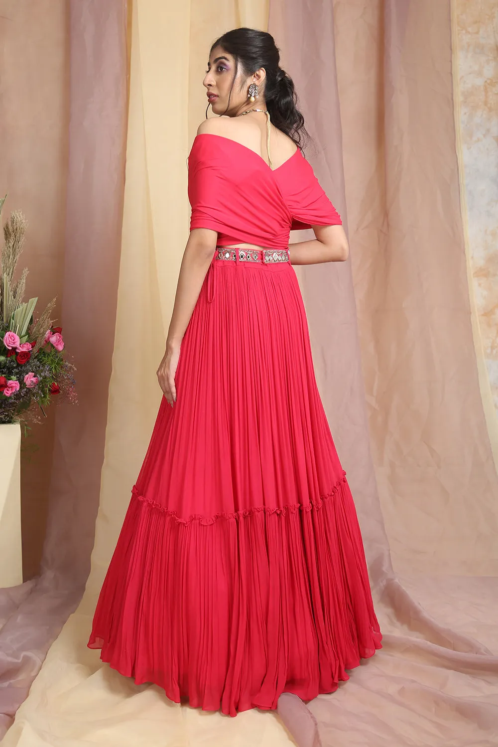 Red Drape Choli Lehenga Set