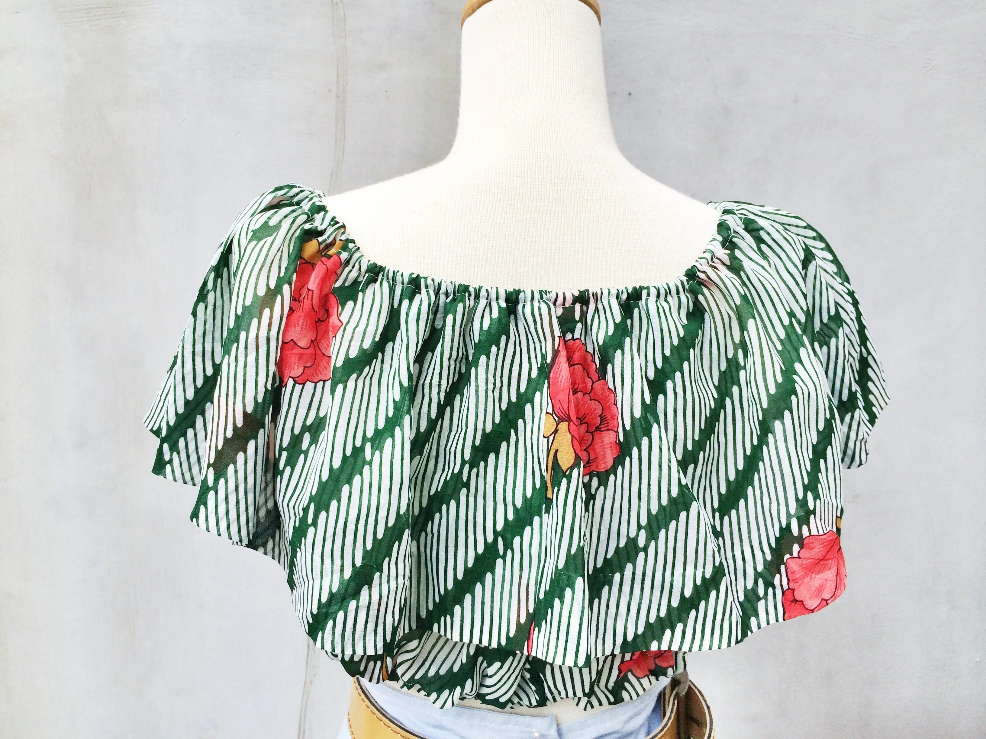 Summer Blooms | Vintage fabric Peony flower green striped cropped top