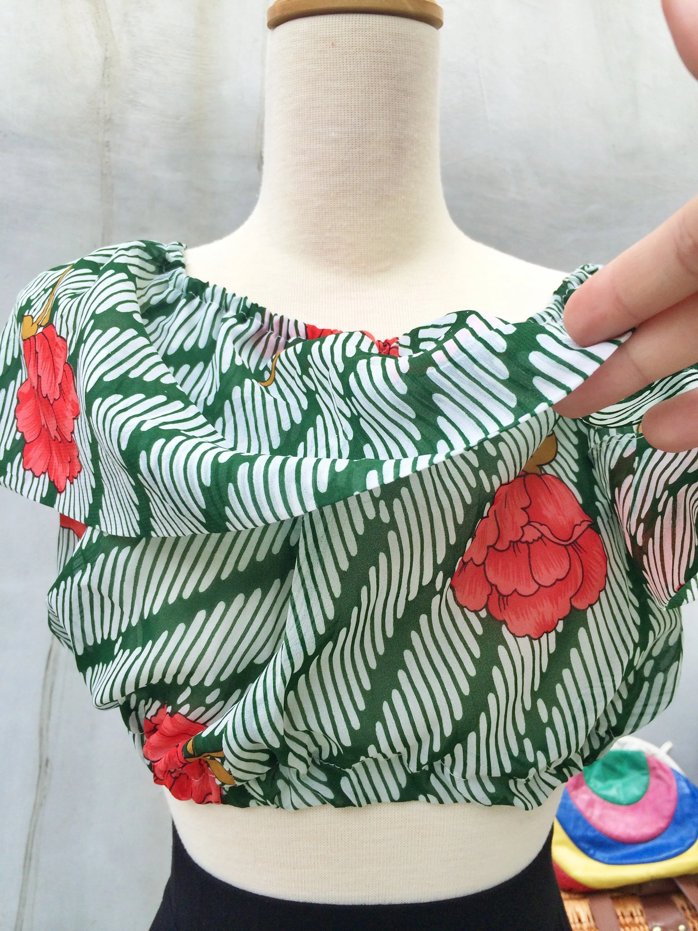 Summer Blooms | Vintage fabric Peony flower green striped cropped top