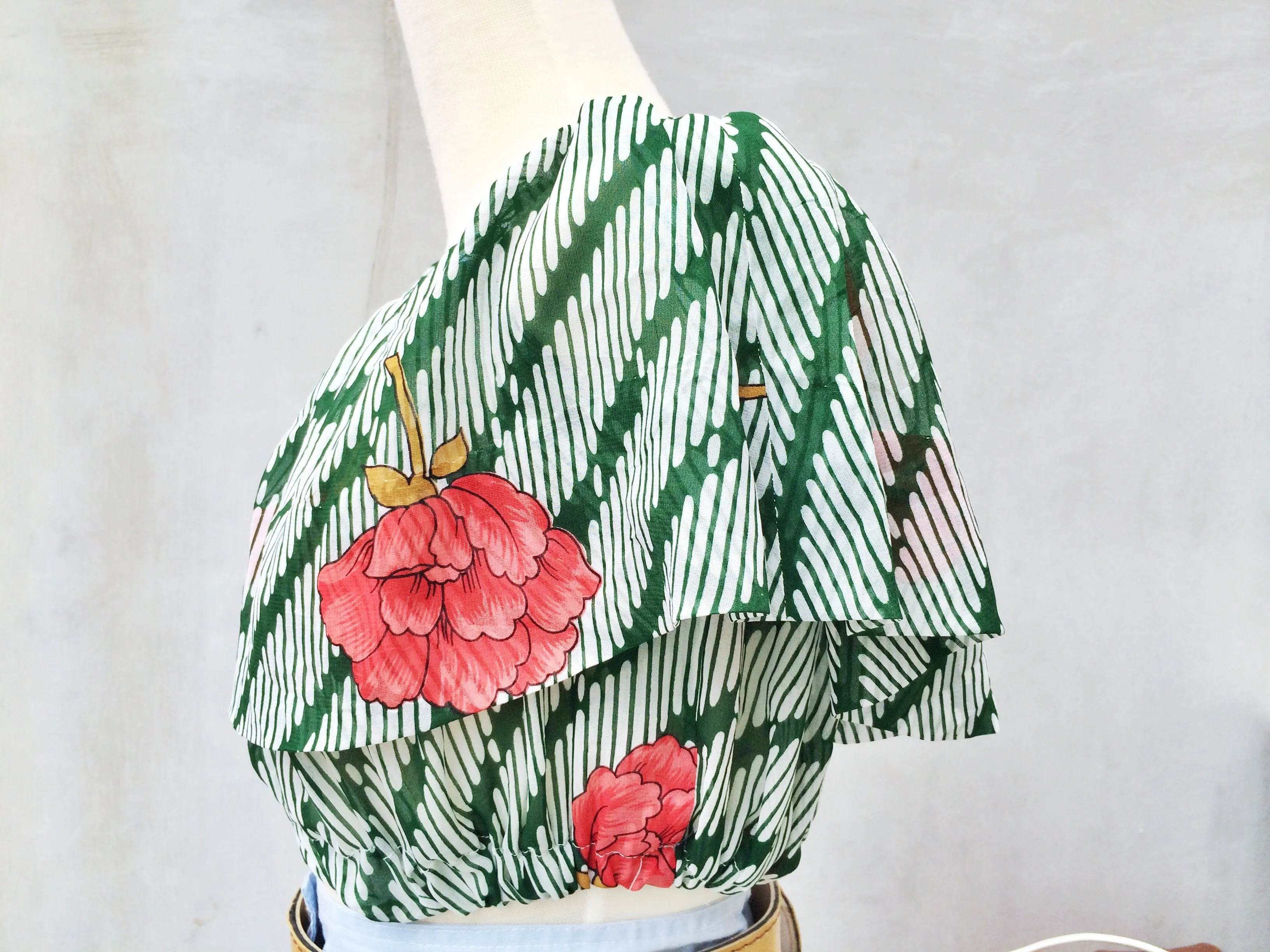 Summer Blooms | Vintage fabric Peony flower green striped cropped top