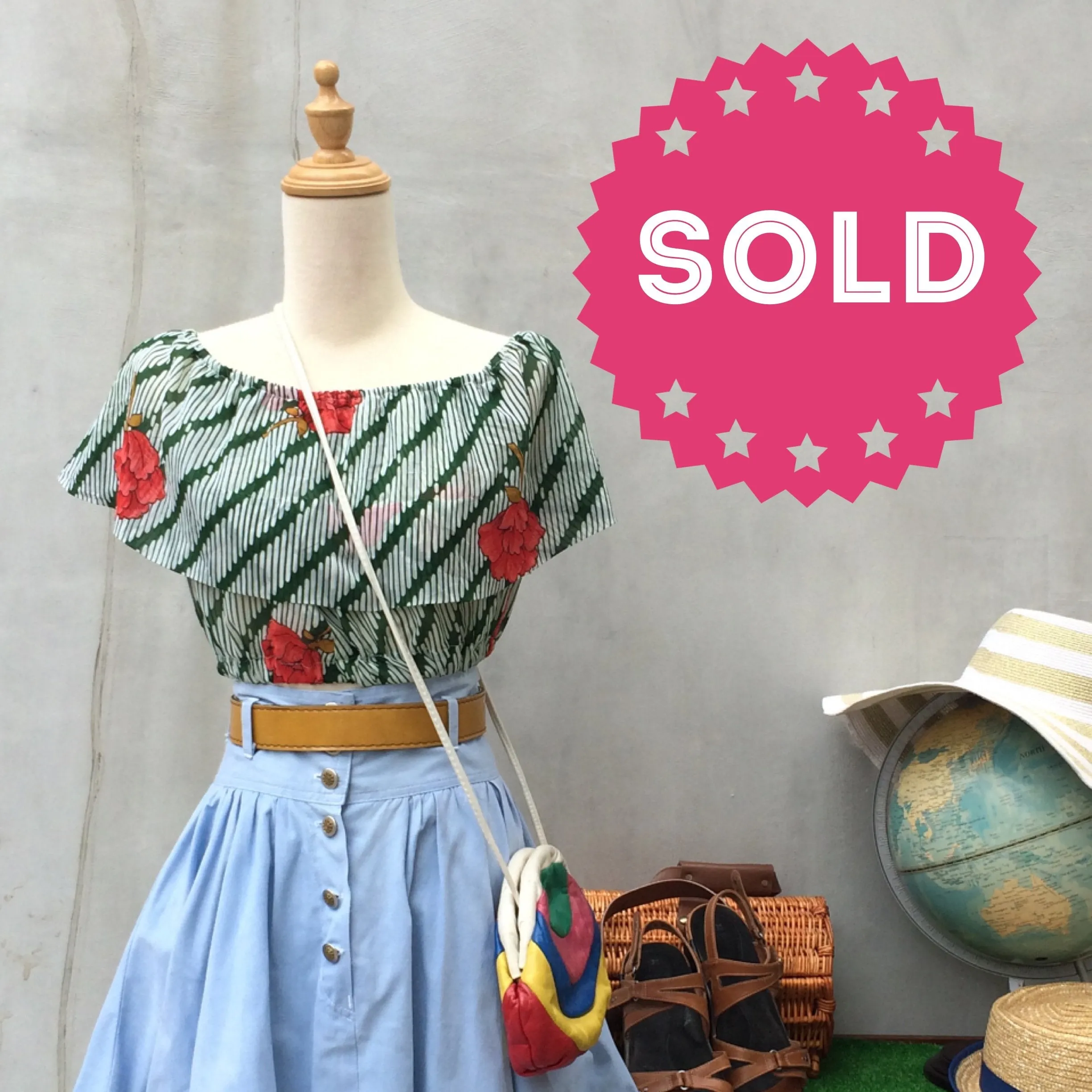 Summer Blooms | Vintage fabric Peony flower green striped cropped top
