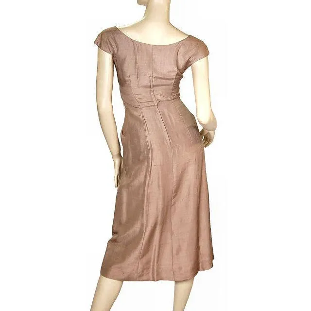 Vintage Mocha Silk Cocktail Dress W/ Cape Bolero 1950S Small 33-25-40