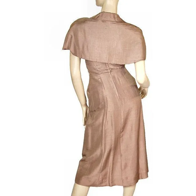 Vintage Mocha Silk Cocktail Dress W/ Cape Bolero 1950S Small 33-25-40