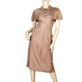 Vintage Mocha Silk Cocktail Dress W/ Cape Bolero 1950S Small 33-25-40