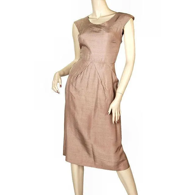Vintage Mocha Silk Cocktail Dress W/ Cape Bolero 1950S Small 33-25-40