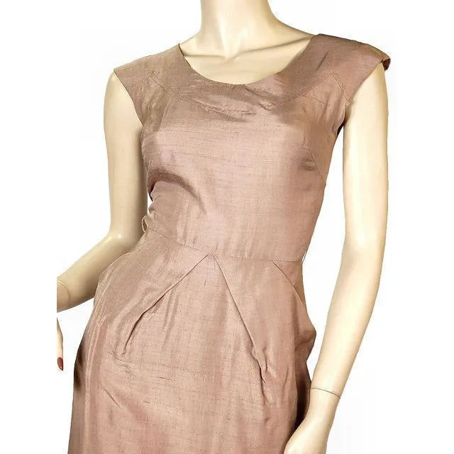 Vintage Mocha Silk Cocktail Dress W/ Cape Bolero 1950S Small 33-25-40