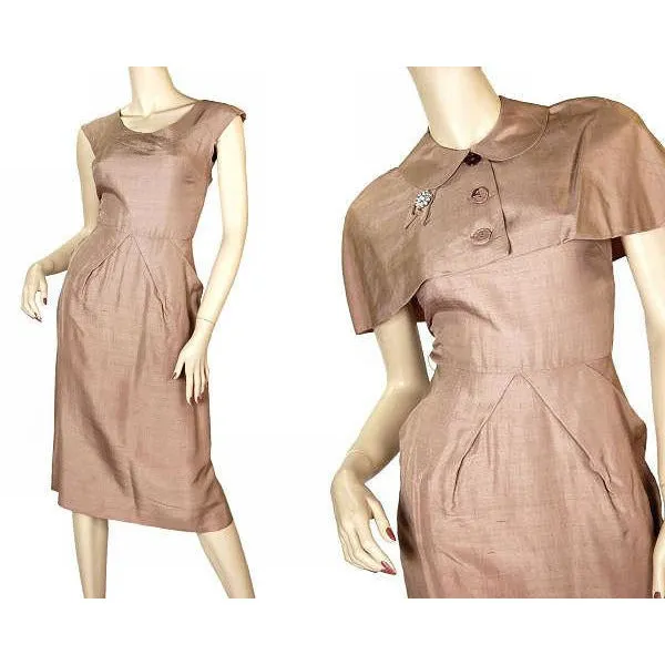 Vintage Mocha Silk Cocktail Dress W/ Cape Bolero 1950S Small 33-25-40