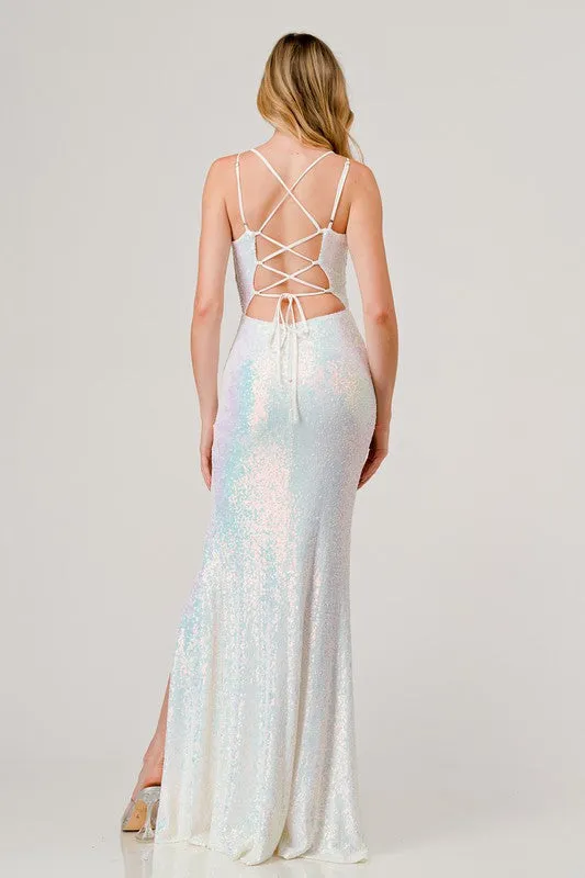 White Sequin V-Neck Crossed Back Mermaid Maxi Dress